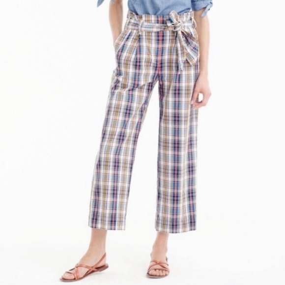 J.Crew Paperbag High Rise Tie Waist Plaid Pants Wide Leg Cropped Matching Belt - Picture 1 of 9